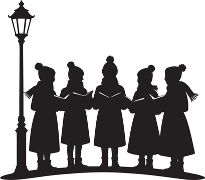 Children silhouette caroling under lamppost festive holiday season celebration scene