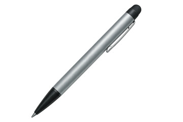 Silver ballpoint pen with stylus tip on transparent background