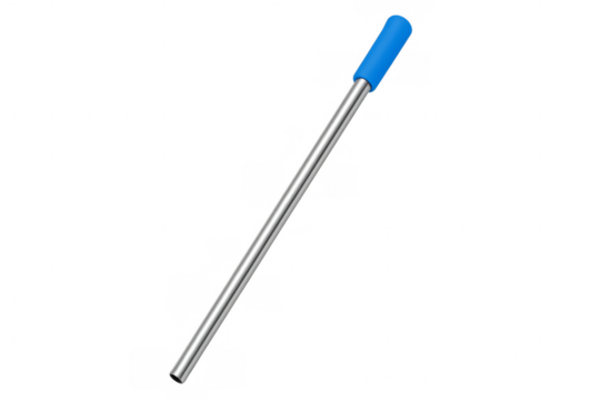 Long metallic drinking straw with blue silicone tip on transparent background