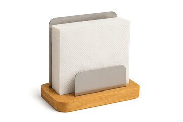White paper napkins in metal and wooden dispenser on transparent background