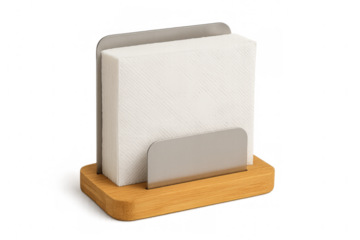 White paper napkins in metal and wooden dispenser on transparent background