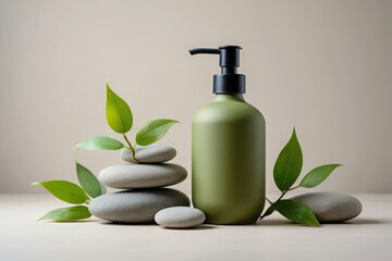 Serene spa scene with green lotion bottle stacked stones and fresh green leaves
