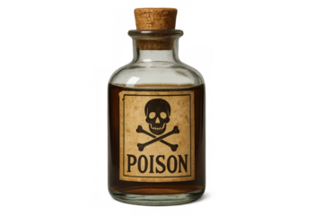 Glass poison bottle with cork lid and skull and crossbones label on transparent background