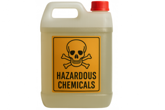 Plastic container showing hazardous chemicals warning sign on transparent background