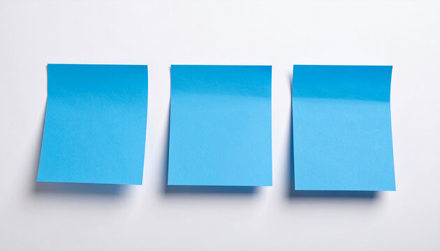 Three blue sticky notes on white background. Blank paper for planning, reminders or productivity