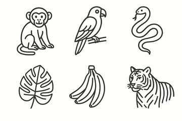 Outlined animal and nature icons: monkey, parrot, snake, leaf, bananas, tiger