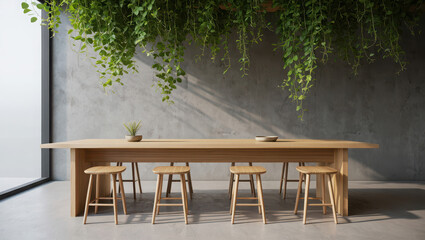 Modern minimalist interior with long wooden table hanging green plants and natural light