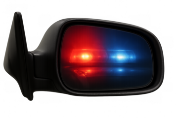 Police lights reflecting in car side mirror with transparent background