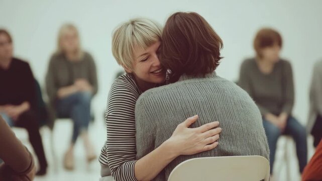 Two women embracing tightly, sharing emotional comfort and deep understanding during a supportive group gathering. People in the background listen, healing environment for personal well being.