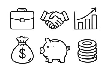 Business and finance icons: briefcase, handshake, graph, money bag, piggy bank, coins