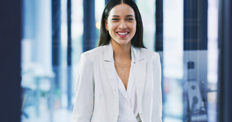 Portrait, employee and woman with pride, office or trainee with smile for career growth or...
