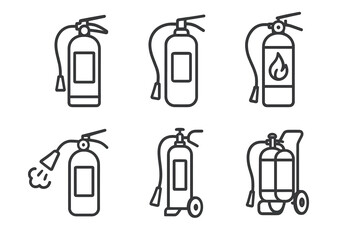Set of fire extinguisher icons: outline illustrations of various types and styles