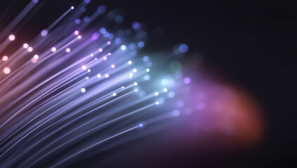 Obraz premium Abstract digital fiber optic cables with purple and blue light streams, high-speed data transmission concept representing network connectivity, telecommunications and modern communication technology.