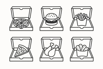 Outline icon set of fast food items in open boxes: pizza, burger, fries, drumsticks, wedges