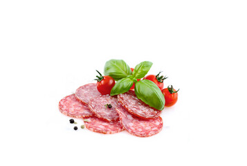 Slices of salami isolated on white background