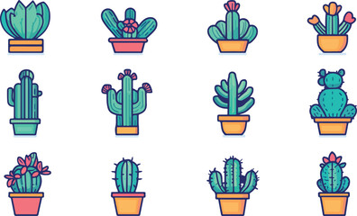Obraz premium Collection of twelve colorful potted cactus plants in various shapes and sizes on a white background