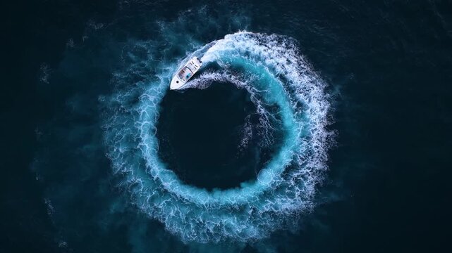 Aerial overhead view of a motorboat turning circles on the water surface and leaving a turquoise trail of wake and bubbles