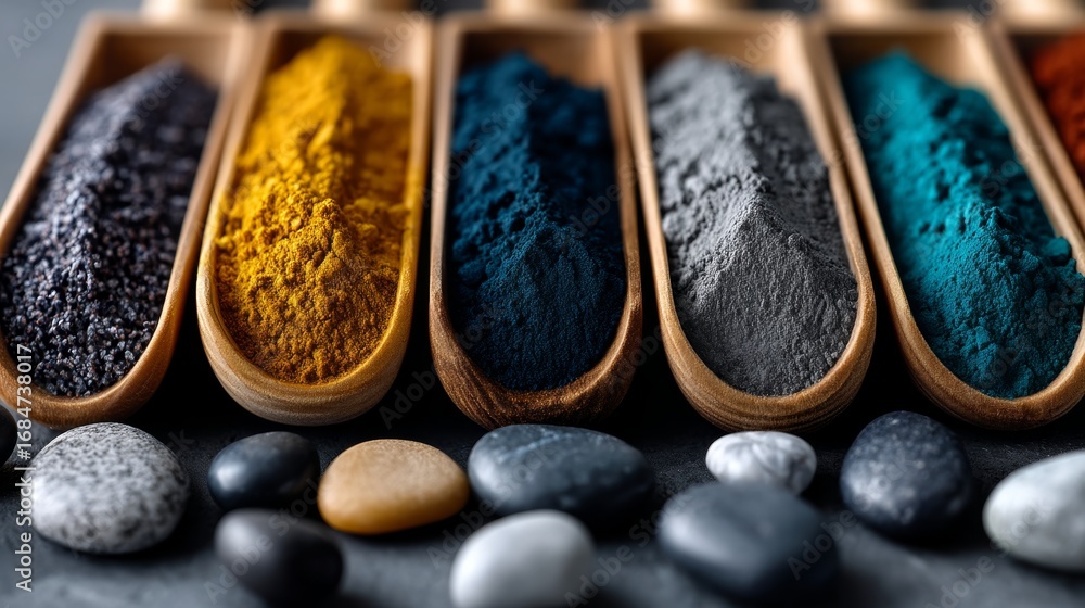 Aufkleber vibrant powders arranged in wooden scoops create a stunning display of color and texture. the earthy