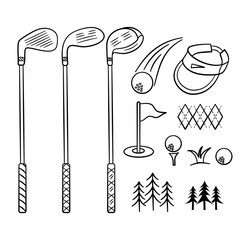Golf equipment hand drawn illustration collection. Set of golf tools doodle icon vector. Containing golf club, hole, ball, hat, flag.