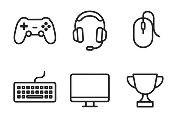Minimalist gaming icons: controller, headset, mouse, keyboard, monitor, trophy