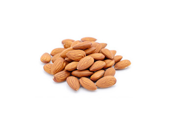 Organic almond nuts on white background.