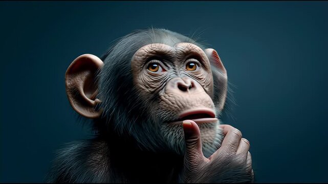 Intelligent chimpanzee portrait showing deep contemplation. thoughtful primates pensive thinking pose evokes curiosity and wisdom through its serious, emotional gaze