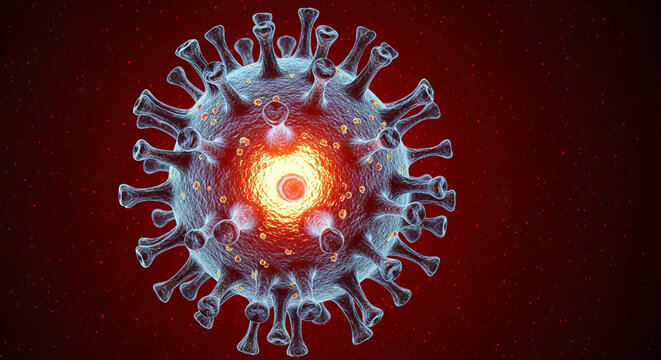 Microscopic image of virus, translucent blue with orange core, against red background. Represents disease, science, research, or medical illustration