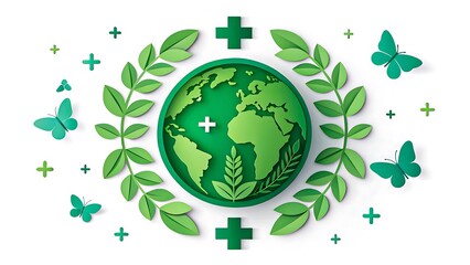 Green Globe with Medical Cross and Leaves for Health Concept