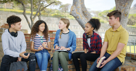 High school, students and talking outdoor for learning, education and conversation for knowledge....