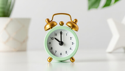 Retro twin bell alarm clock with mint green face and golden accents