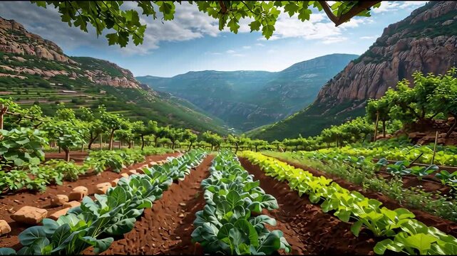 Bountiful organic farm cultivation in peaceful mountain valley. An agricultural landscape presenting serene view of vegetable crops in long row, interplanted with fruit tree