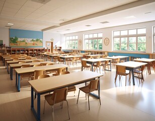A bright, empty classroom with multiple rows of wooden desks and chairs. Ideal for education, school, learning environment, and classroom concepts.

