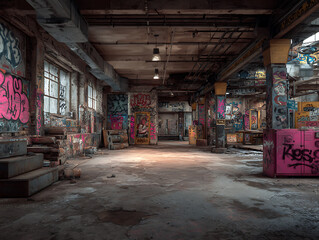 Obraz premium An abandoned factory with graffiti on its walls, illustrating urban decay and artistic expression.