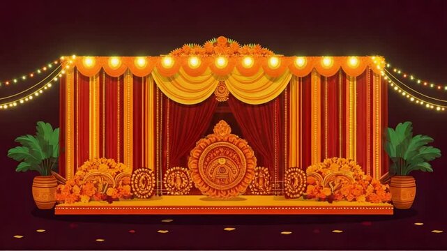 Illustration of a traditional Indian wedding stage with red and gold decorations, string lights, and palm trees against a dark background.