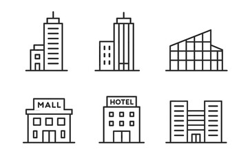 Linear icons of various building types: skyscraper, mall, hotel, greenhouse, office complex