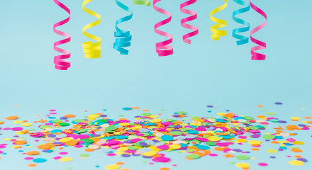 Colorful confetti and curled ribbons on light-blue background, showcasing a festive, celebratory mood ideal for party invitations or celebratory designs Free space for text