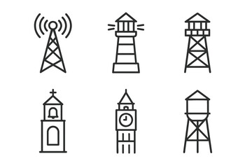 Set of various tower icons including lighthouse, radio tower, clock tower, and watchtower