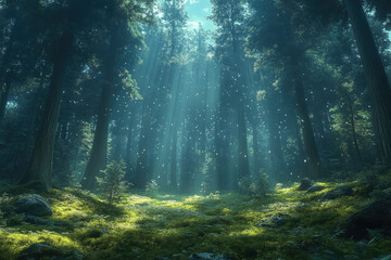 Fototapeta premium Peaceful Woodland Scene with Long Shadows and Mist