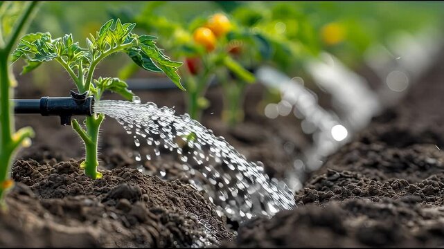 Promoting healthy plant growth in agriculture with an efficient drip irrigation system. Close up shows farm garden watering, nurturing rich soil for bountiful harvest