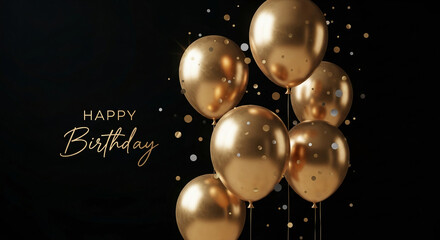 Golden balloons with confetti on black background, "Happy Birthday" text included, showcasing festive celebration, ideal for greeting card or party invitation design
