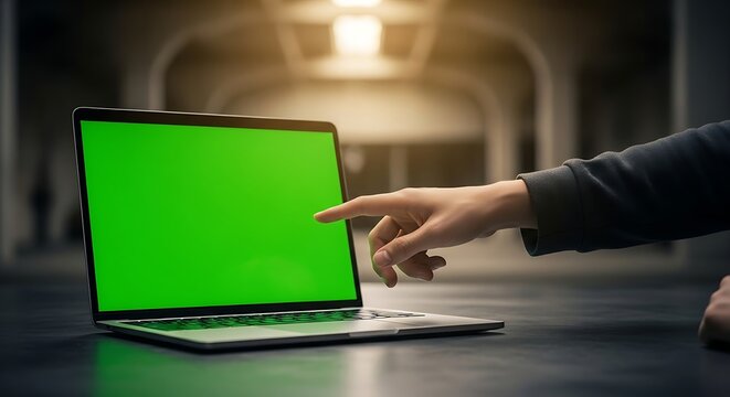 Close-up of a Hand Pointing at a Green Screen Laptop