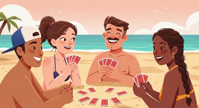 Diverse Friends Playing Card Game on Sandy Beach with Tropical Setting