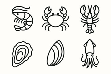 Seafood icons: shrimp, crab, lobster, oyster, mussel, squid line art collection