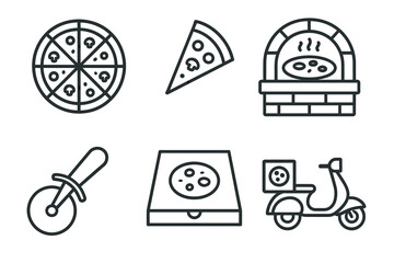Pizza icons: oven, slice, box, scooter, cutter line art collection