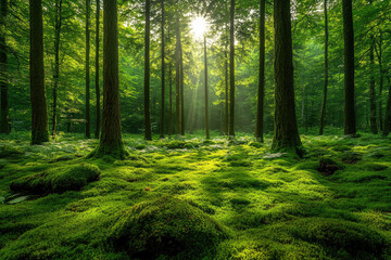 Obraz premium Peaceful Woodland Scene with Long Shadows and Mist