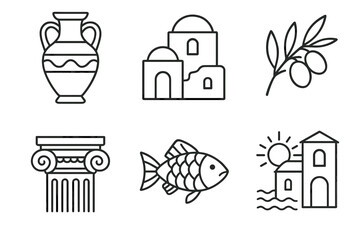 Greek culture icons: vase, architecture, olive branch, column, fish, seaside homes