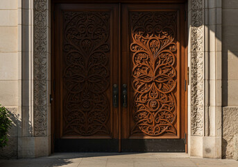 Intricately carved wooden doors with ornate details and elegant architectural design