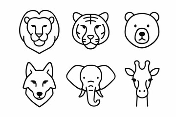 Obraz premium Simple animal line icons featuring lion, tiger, bear, wolf, elephant, giraffe