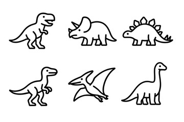 Simple dinosaur outlines of t-rex, triceratops, stegosaurus, velociraptor, pterodactyl, and brachiosaurus