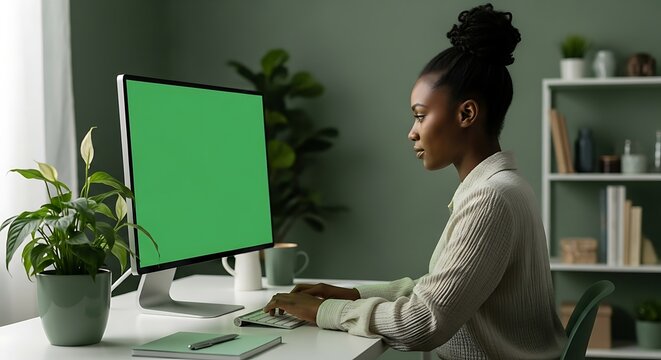Focused African American Woman Working on Green Screen Computer in Home Office